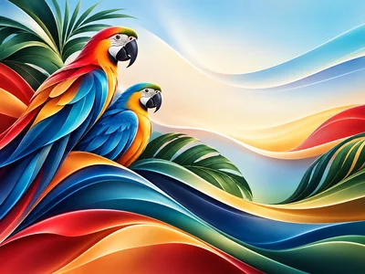 Two Vibrant Macaws Amidst Abstract Tropical Foliage