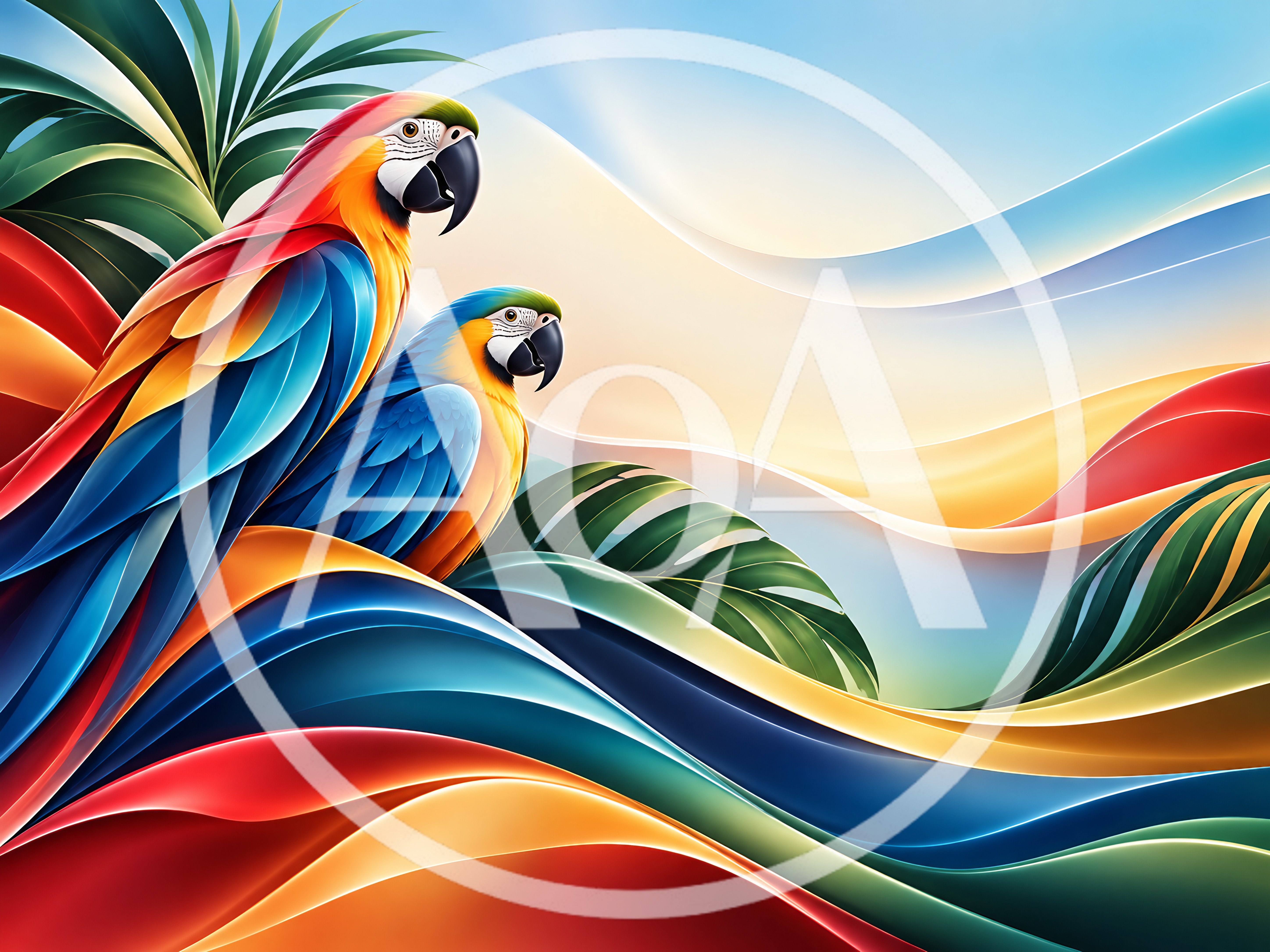 Two Vibrant Macaws Amidst Abstract Tropical Foliage