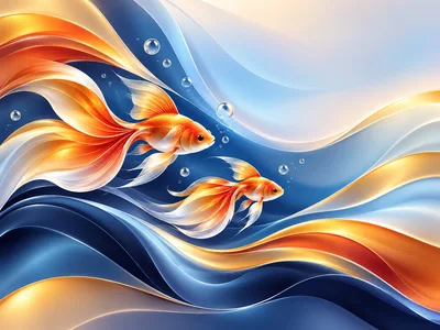 Two Golden Fish Swimming Through Abstract Flowing Waves