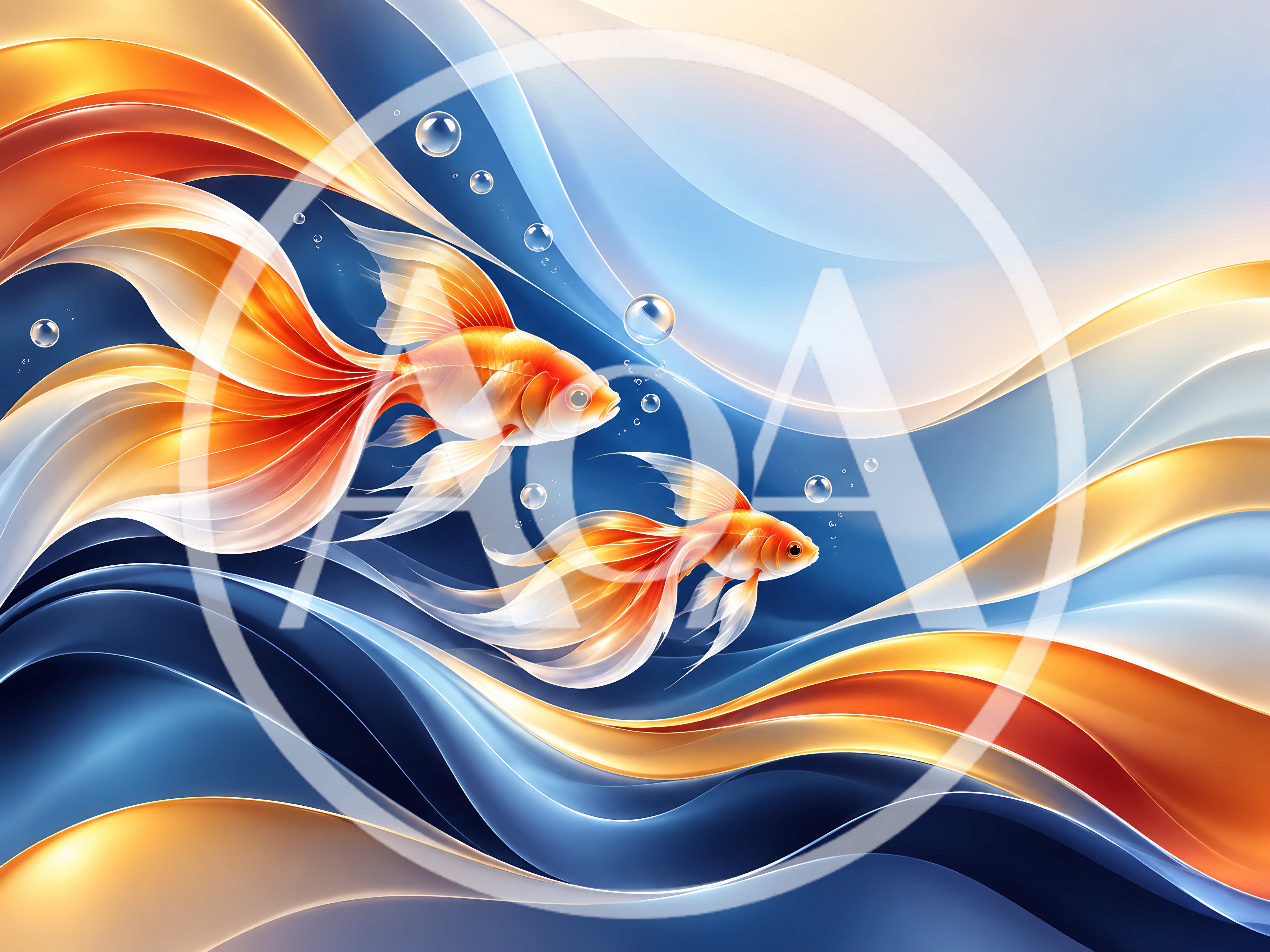 Two Golden Fish Swimming Through Abstract Flowing Waves