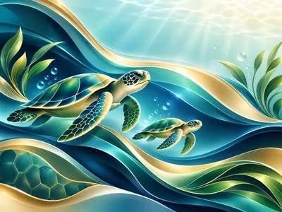 Two Sea Turtles Swimming Through Abstract Underwater Currents