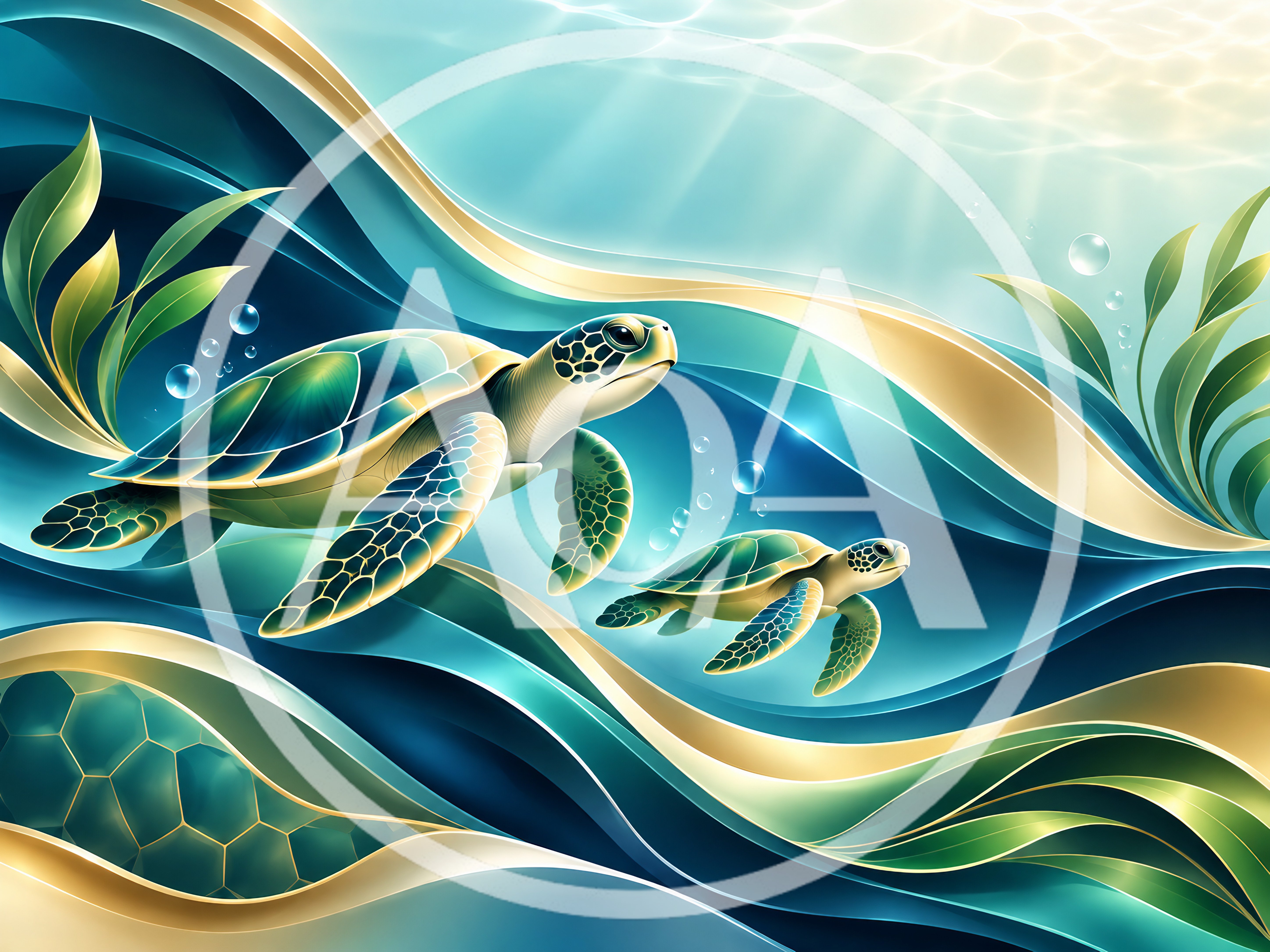 Two Sea Turtles Swimming Through Abstract Underwater Currents