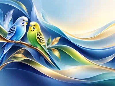 Two Budgerigars Perched on a Golden Branch