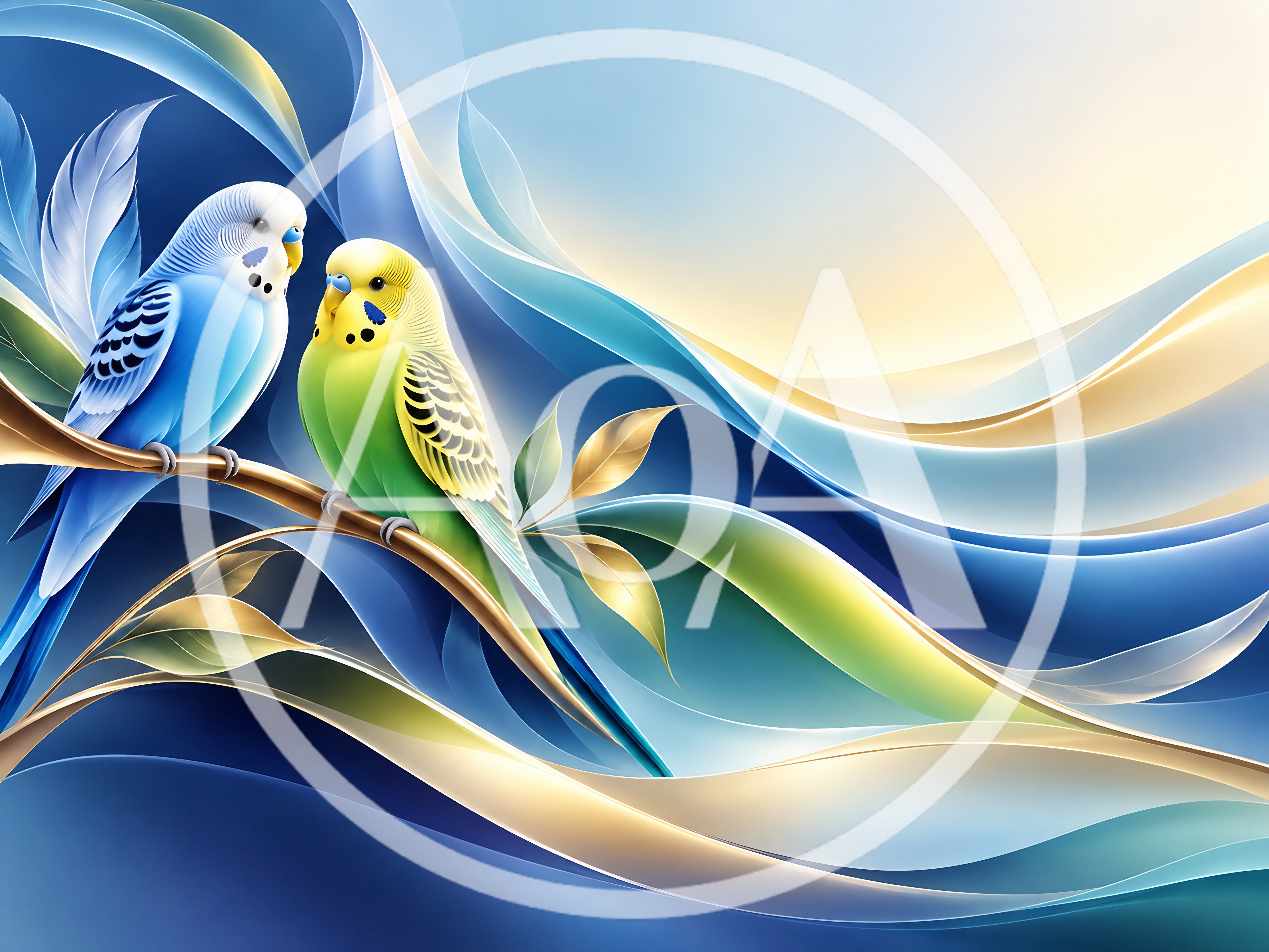 Two Budgerigars Perched on a Golden Branch