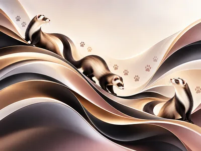 Three Ferrets Moving Across Abstract Wavy Background