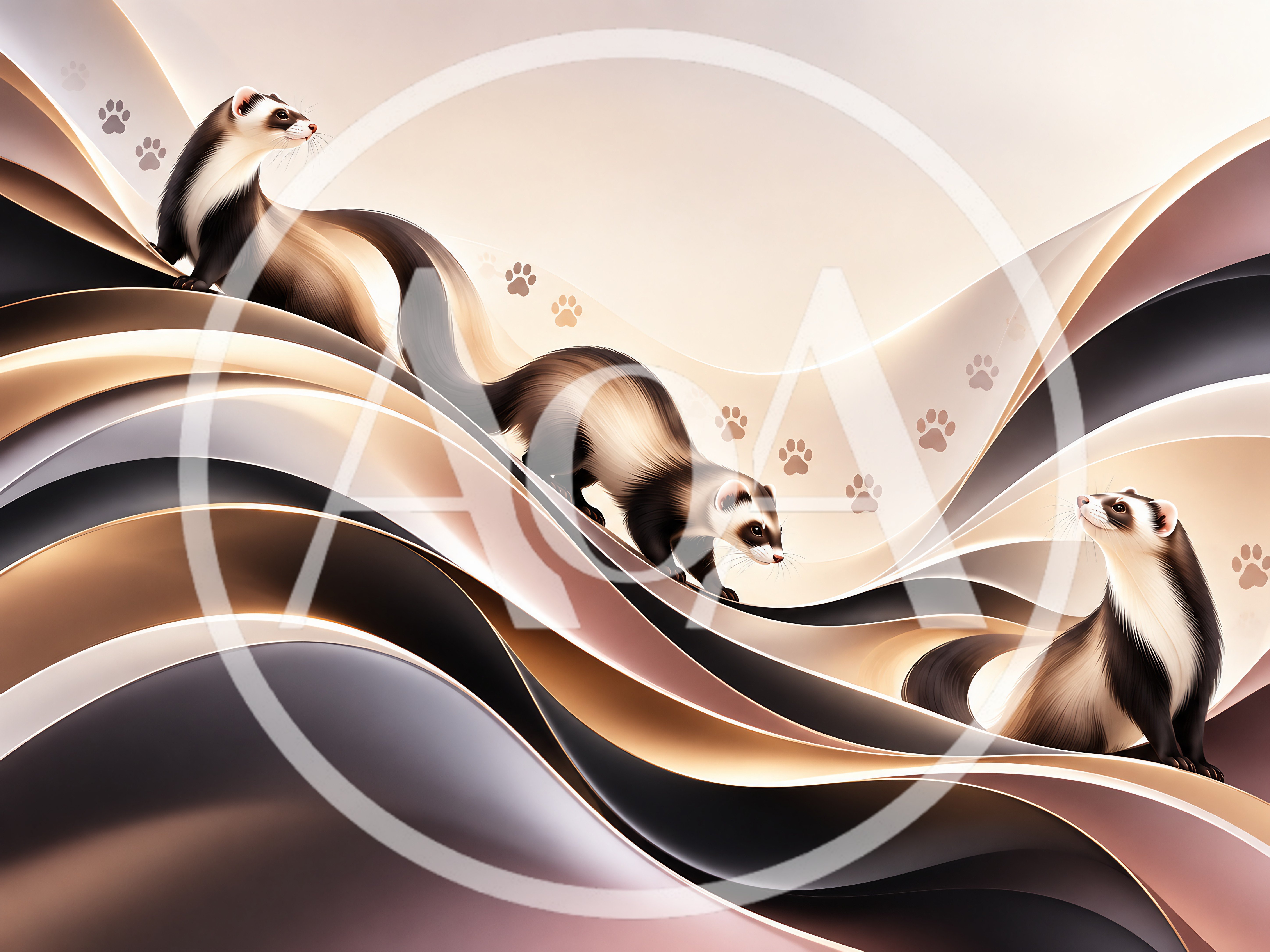 Three Ferrets Moving Across Abstract Wavy Background