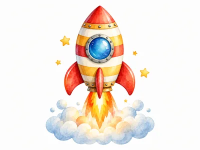 Watercolor Illustration Of A Cartoon Rocket Launching