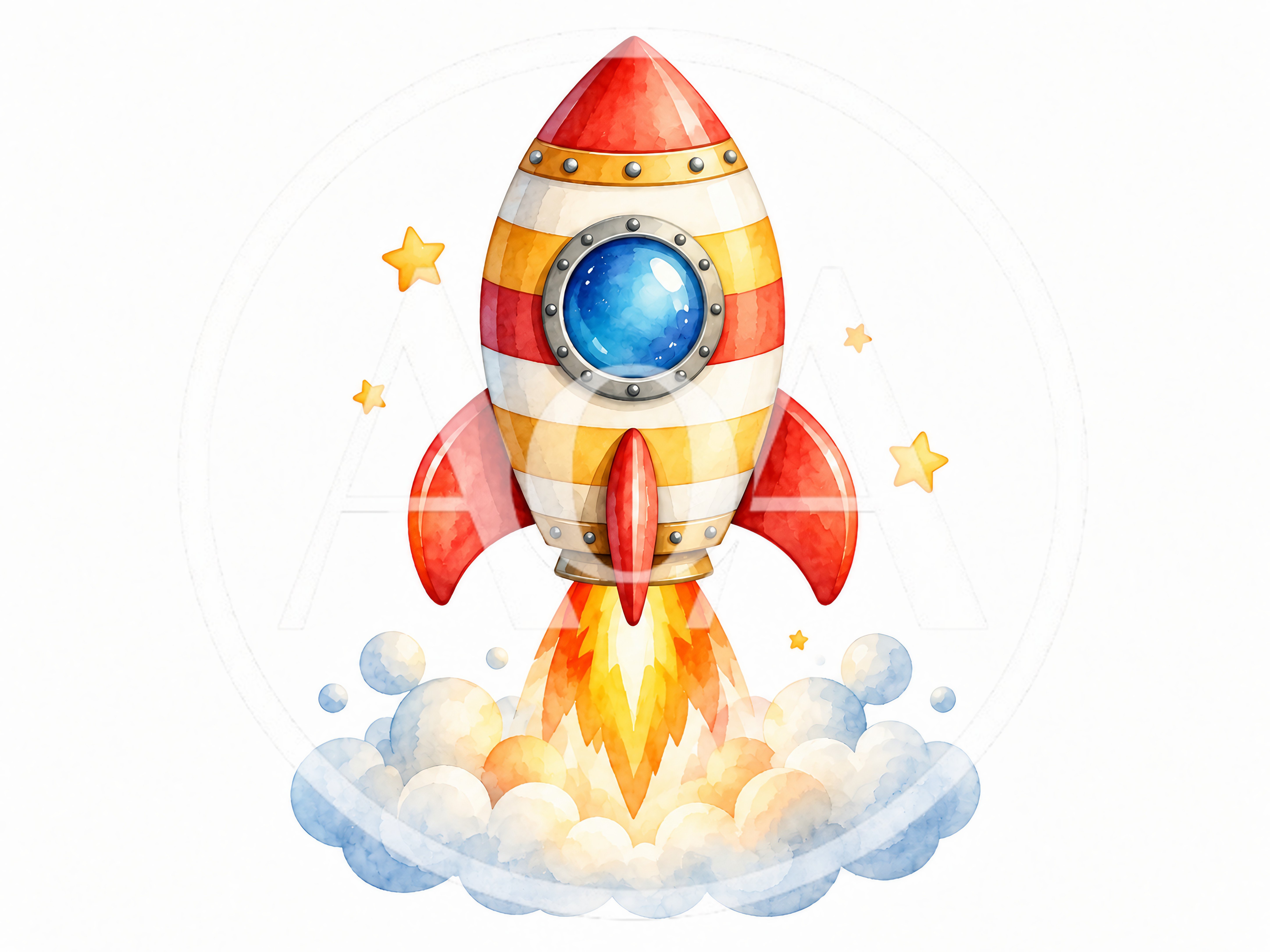 Watercolor Illustration Of A Cartoon Rocket Launching