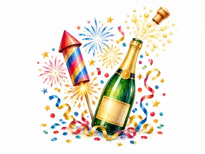 Watercolor Illustration of Champagne Bottle and Fireworks