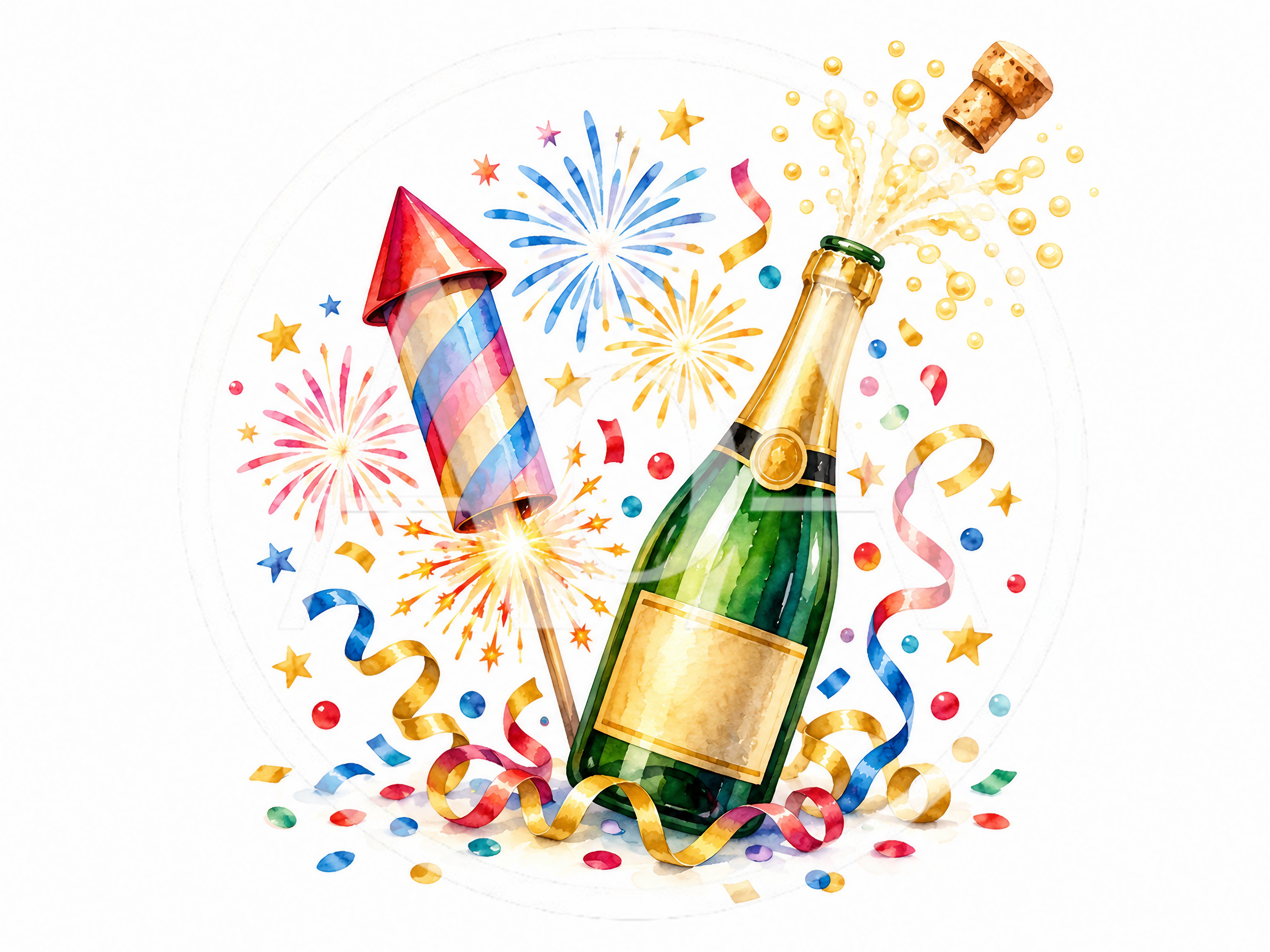 Watercolor Illustration of Champagne Bottle and Fireworks