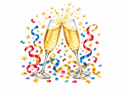 Two Champagne Flutes Toasting With Confetti And Ribbons