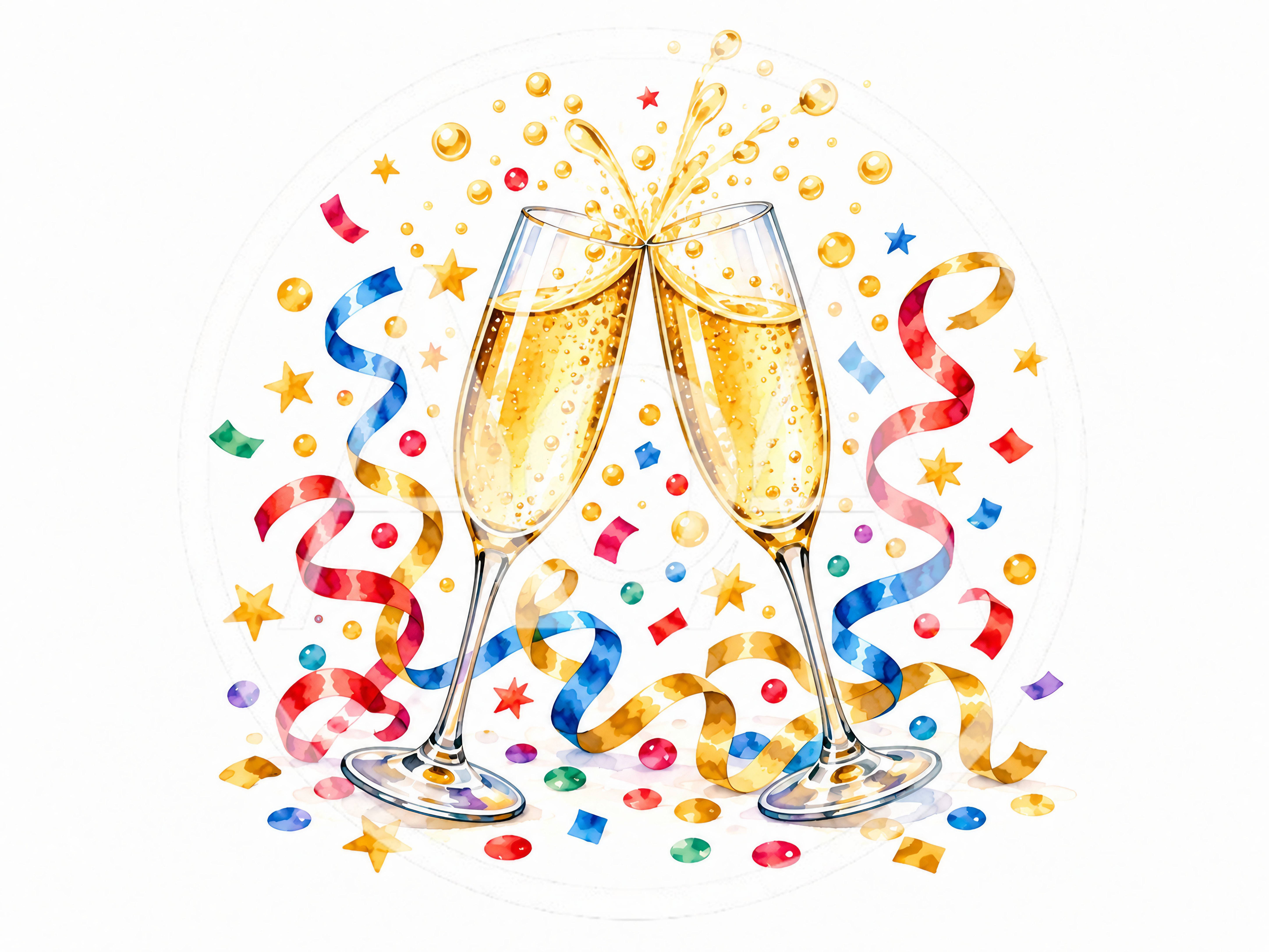 Two Champagne Flutes Toasting With Confetti And Ribbons