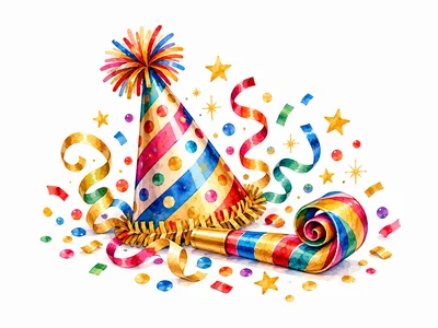 Watercolor Party Hat and Party Blower Celebration Illustration