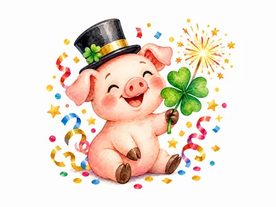 Cute Piglet Wearing Top Hat Holding Four Leaf Clover