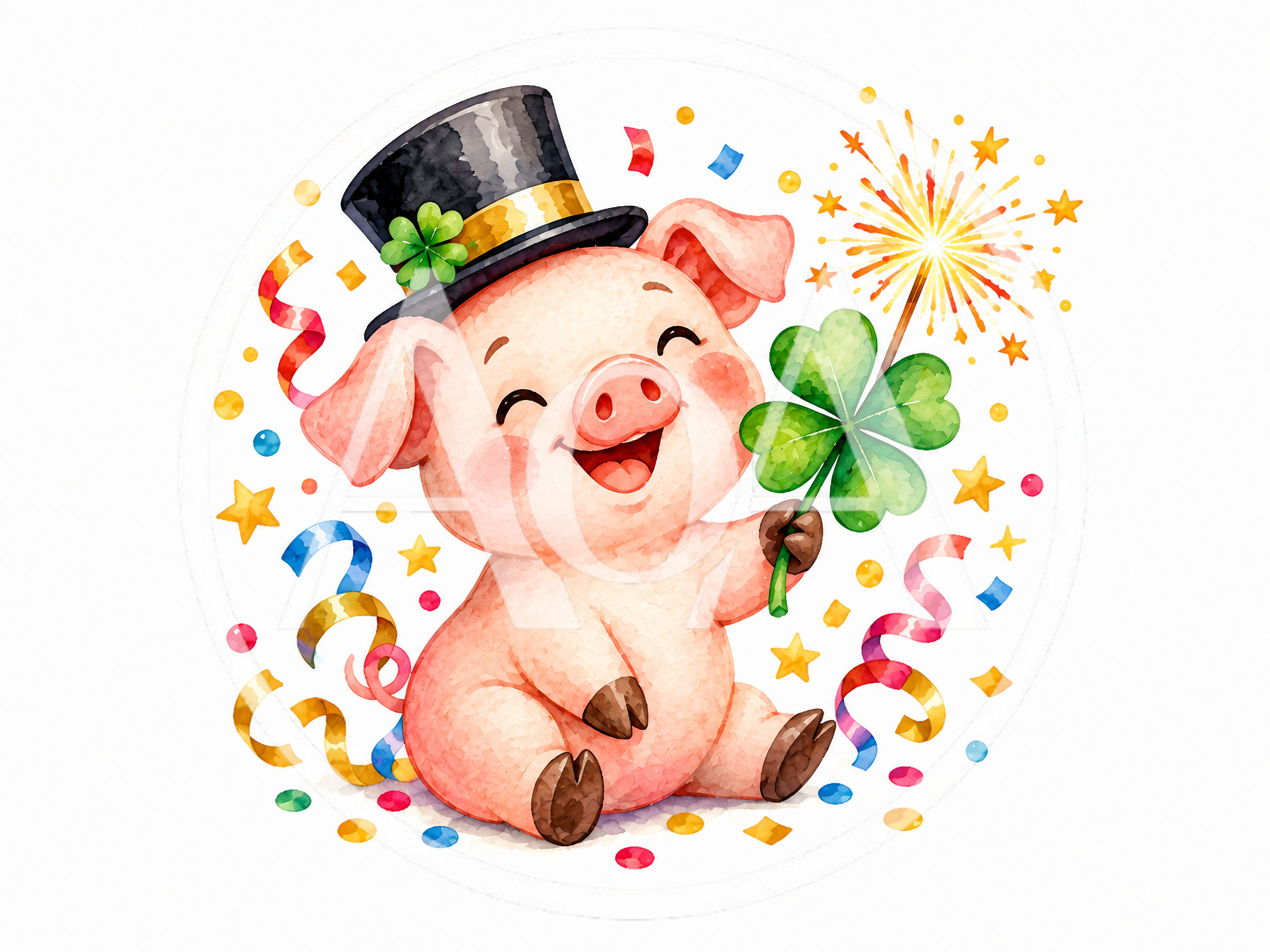 Cute Piglet Wearing Top Hat Holding Four Leaf Clover