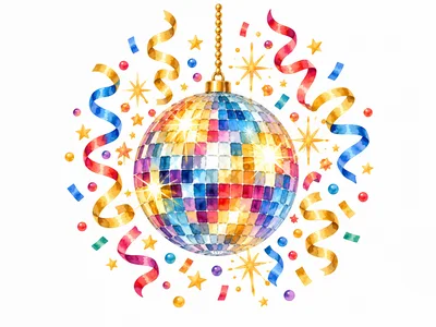 Watercolor Disco Ball With Colorful Confetti And Ribbons