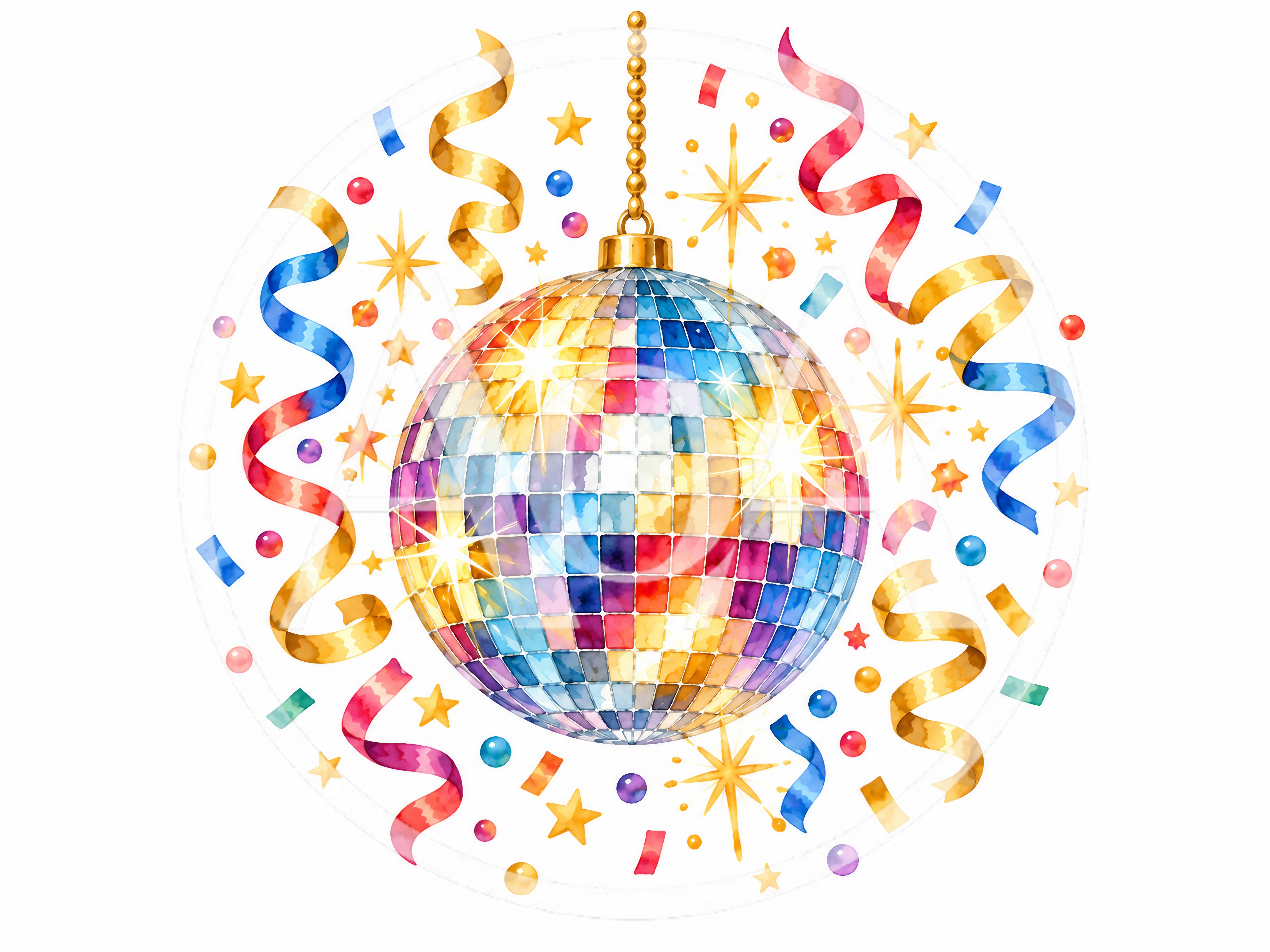 Watercolor Disco Ball With Colorful Confetti And Ribbons