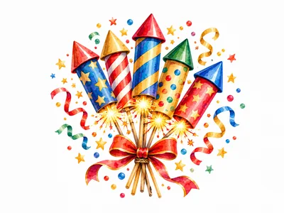 Watercolor Illustration Of Festive Fireworks Rockets Bouquet