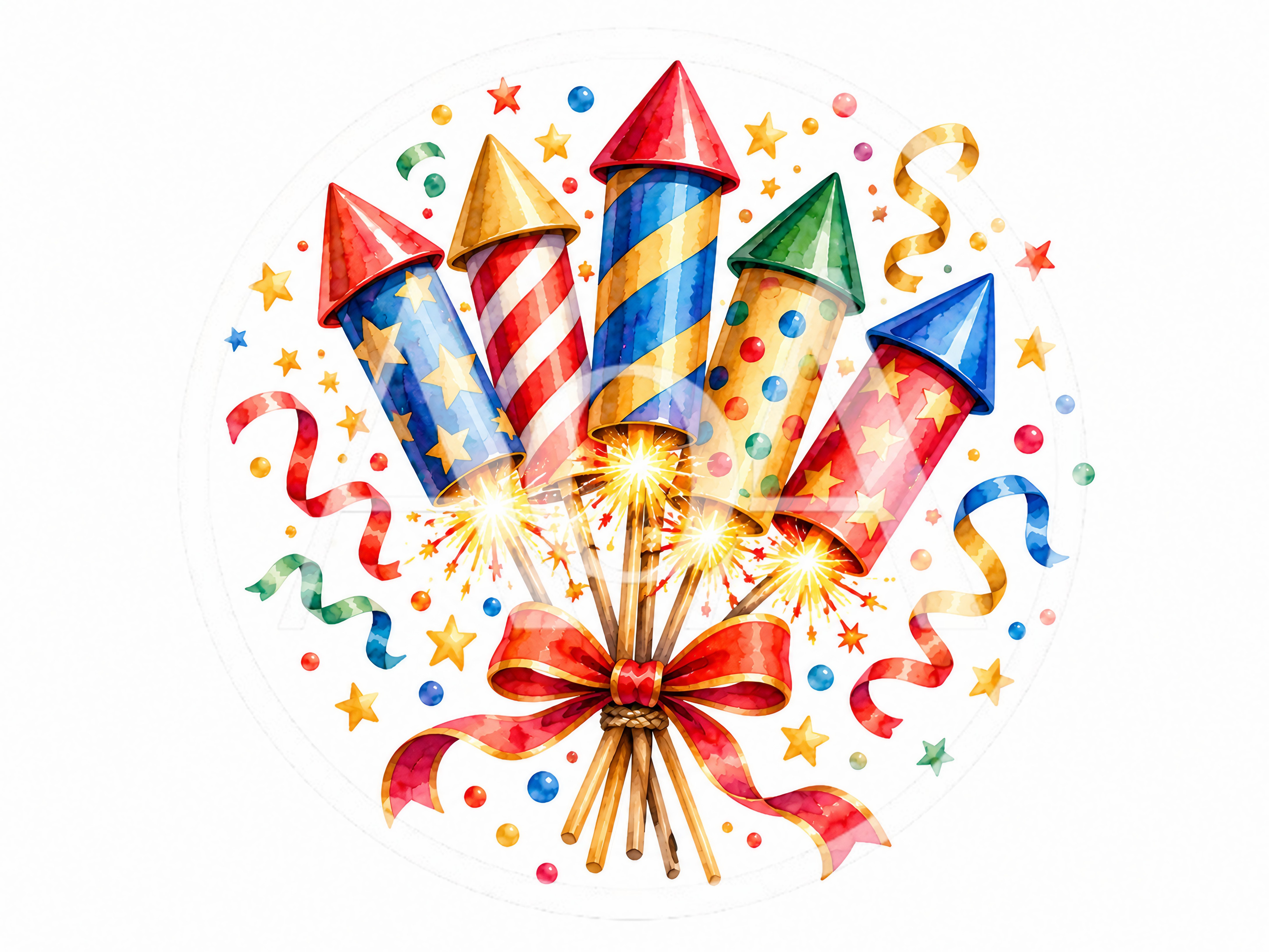 Watercolor Illustration Of Festive Fireworks Rockets Bouquet