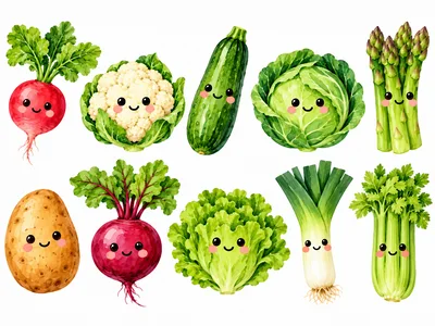 Cute Cartoon Vegetable Characters Set