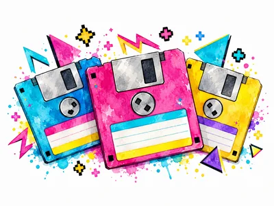 Watercolor Illustration Of Three Retro Floppy Disks