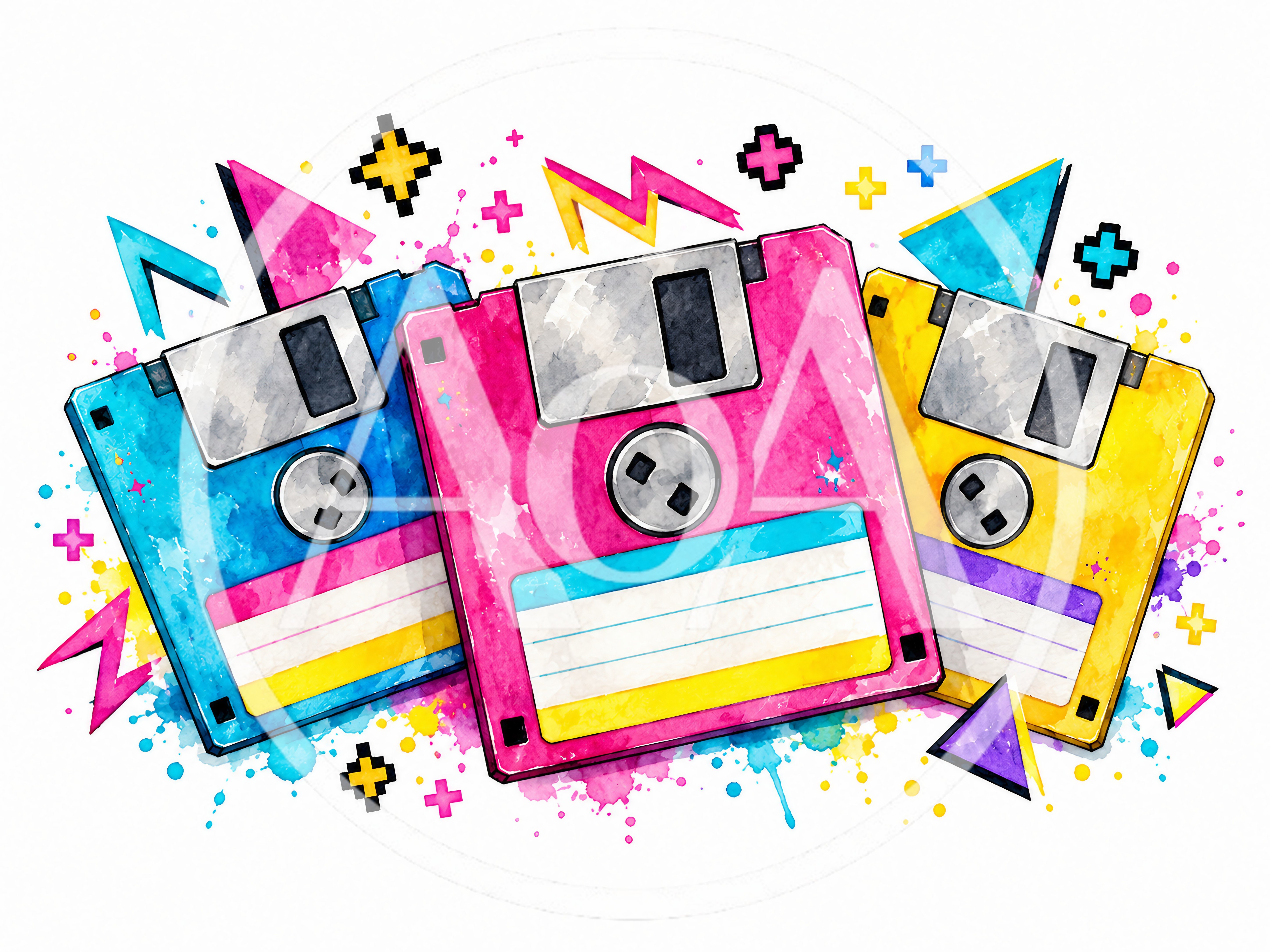 Watercolor Illustration Of Three Retro Floppy Disks