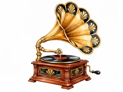 Vintage Gramophone Record Player With Gold Horn