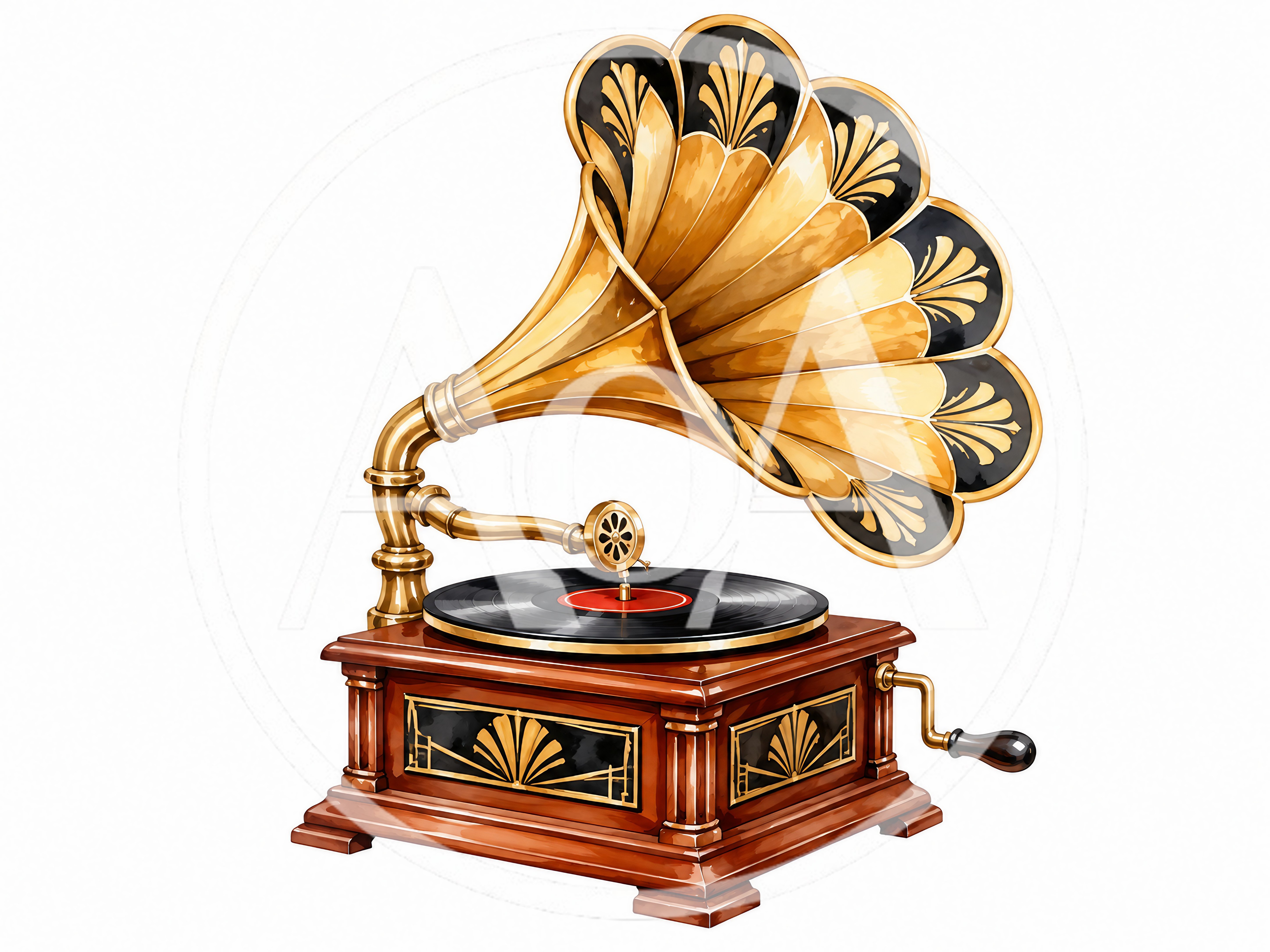 Vintage Gramophone Record Player With Gold Horn