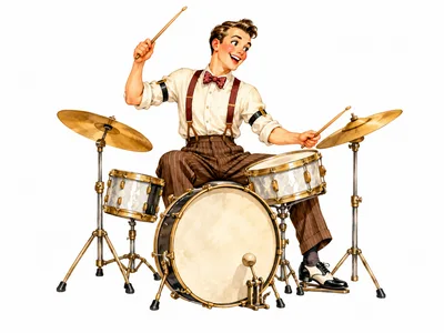 Vintage Style Drummer Playing A Drum Kit