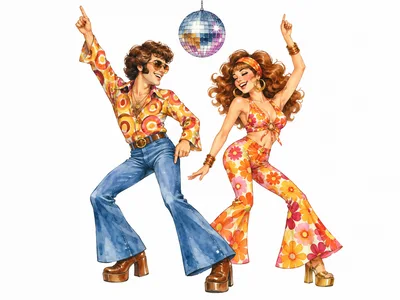 Retro Disco Dancers In Seventies Fashion