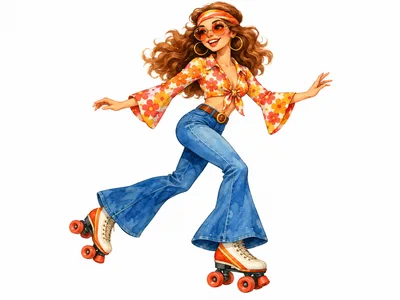 Retro Roller Skating Girl In Seventies Fashion