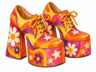 Retro 1970s Style Platform Shoes With Floral Patterns