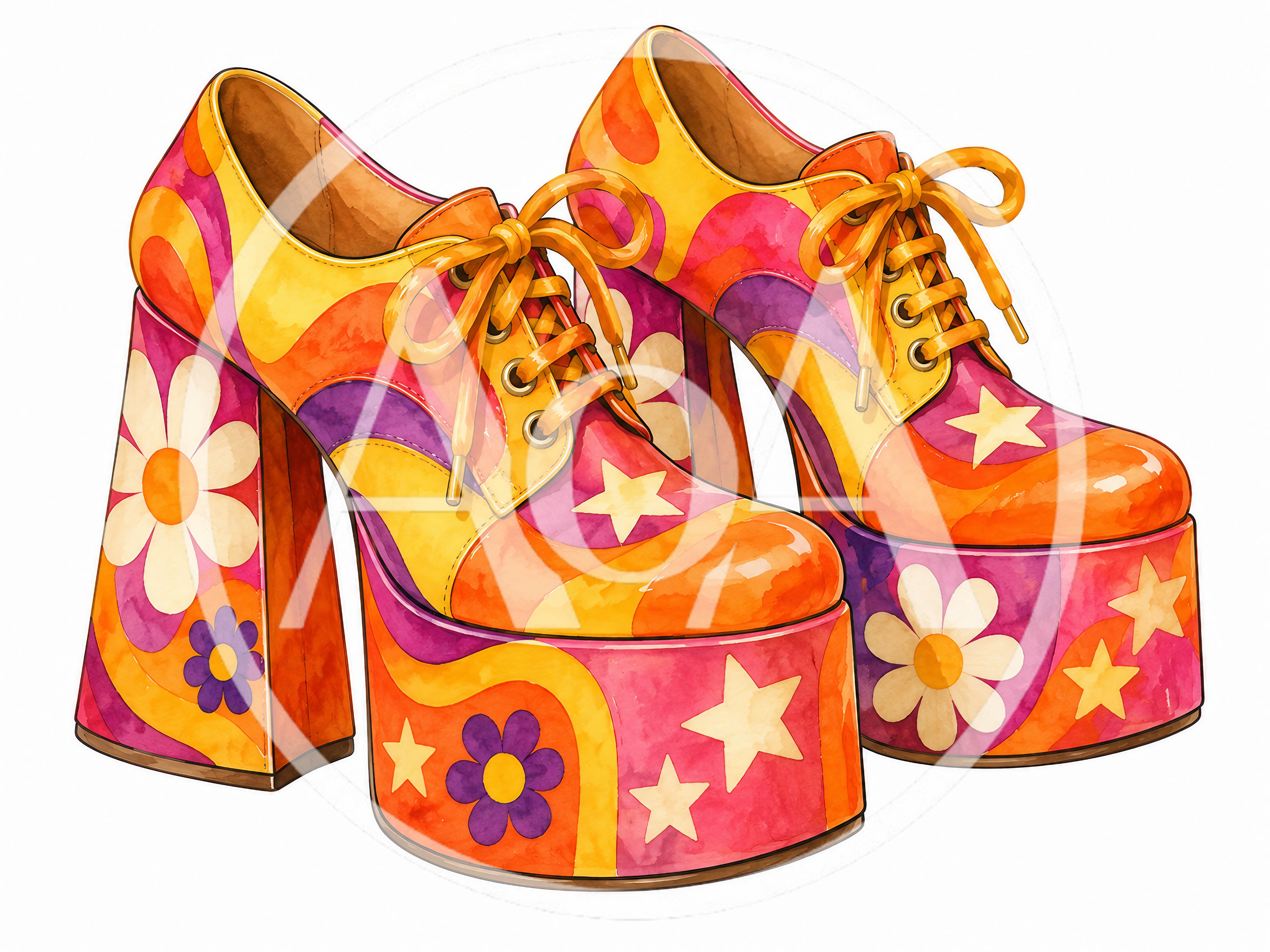 Retro 1970s Style Platform Shoes With Floral Patterns