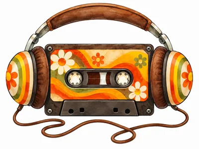 Retro Cassette Tape With Vintage Floral Headphones Illustration