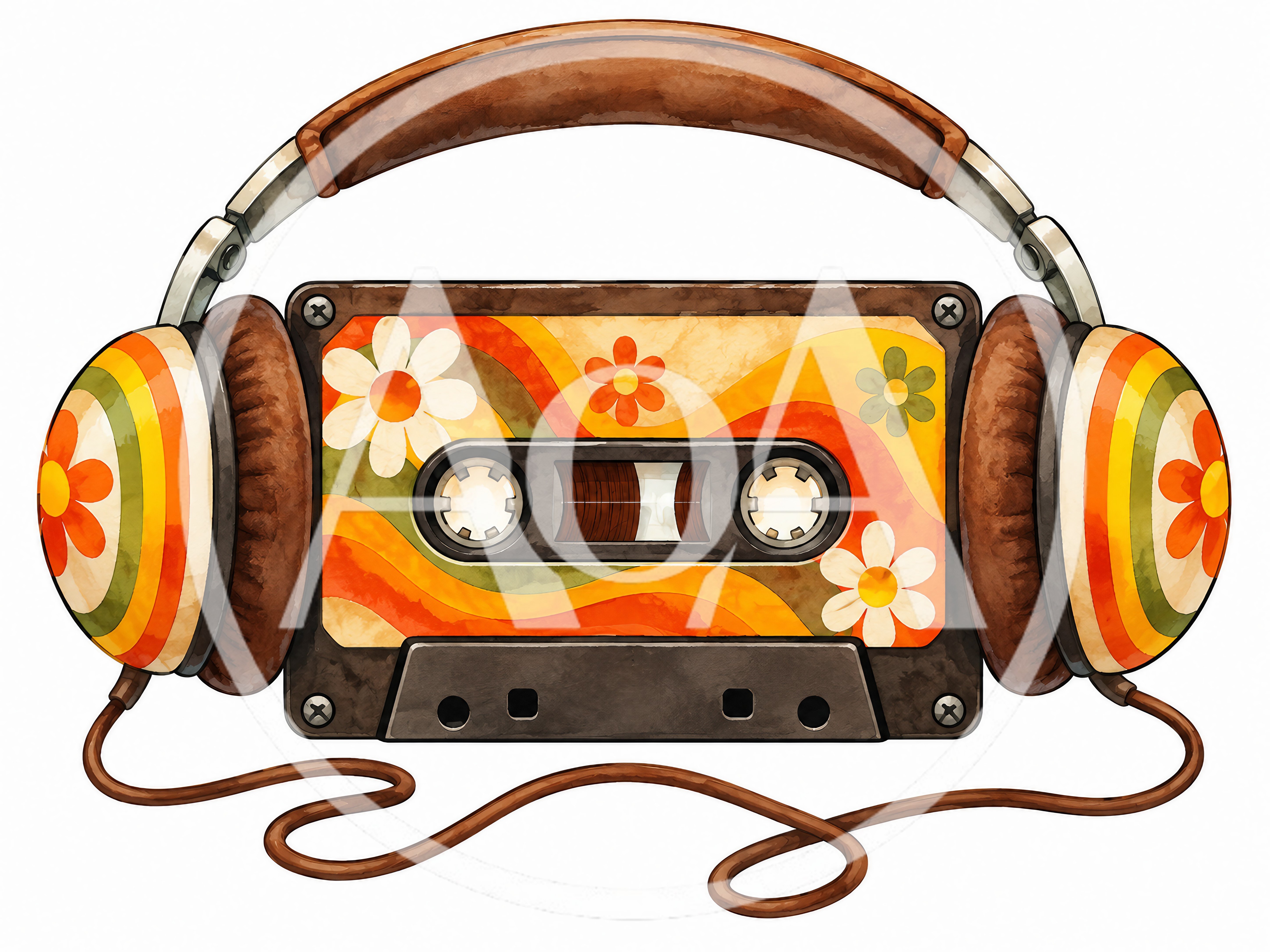 Retro Cassette Tape With Vintage Floral Headphones Illustration