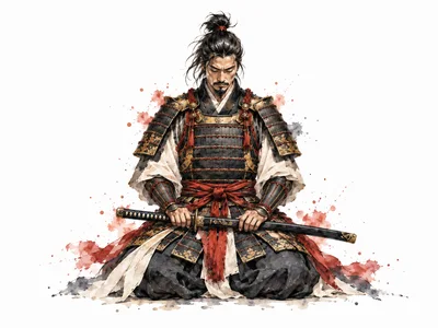 Samurai Warrior Kneeling in Traditional Armor