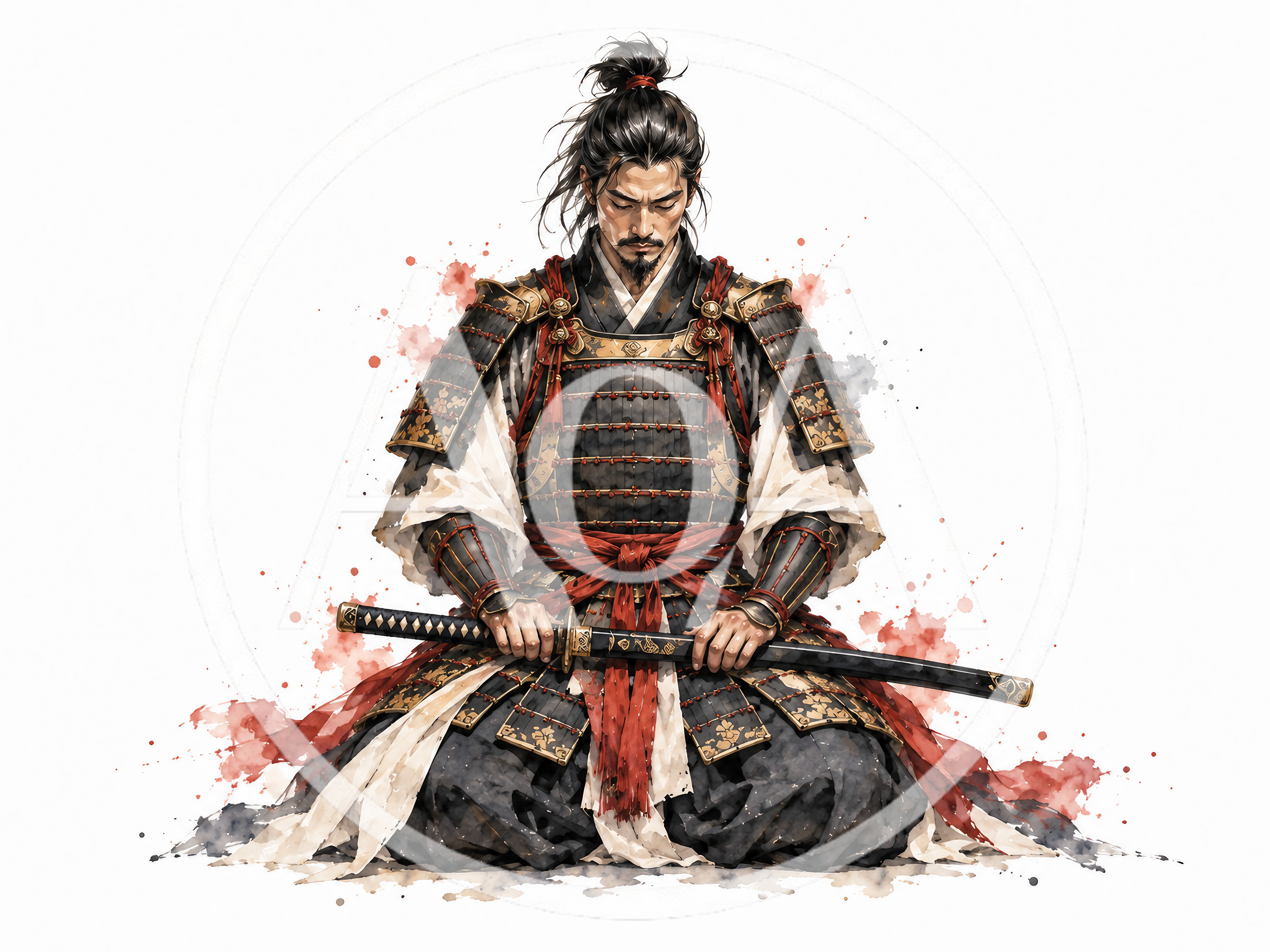 Samurai Warrior Kneeling in Traditional Armor