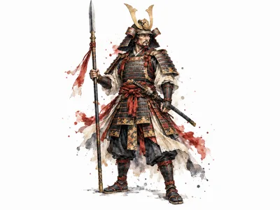 Samurai Warrior Standing With Spear And Katana
