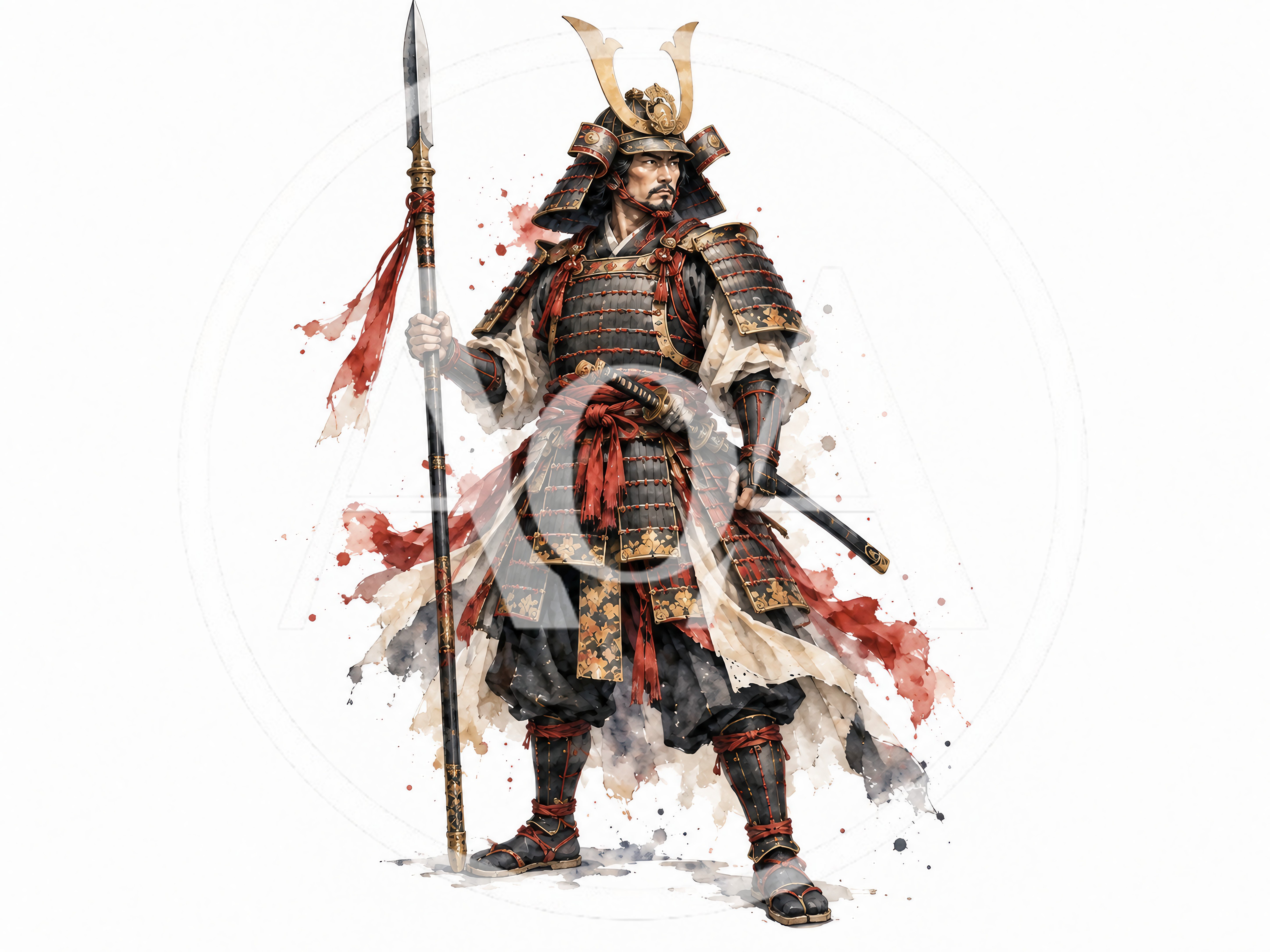 Samurai Warrior Standing With Spear And Katana