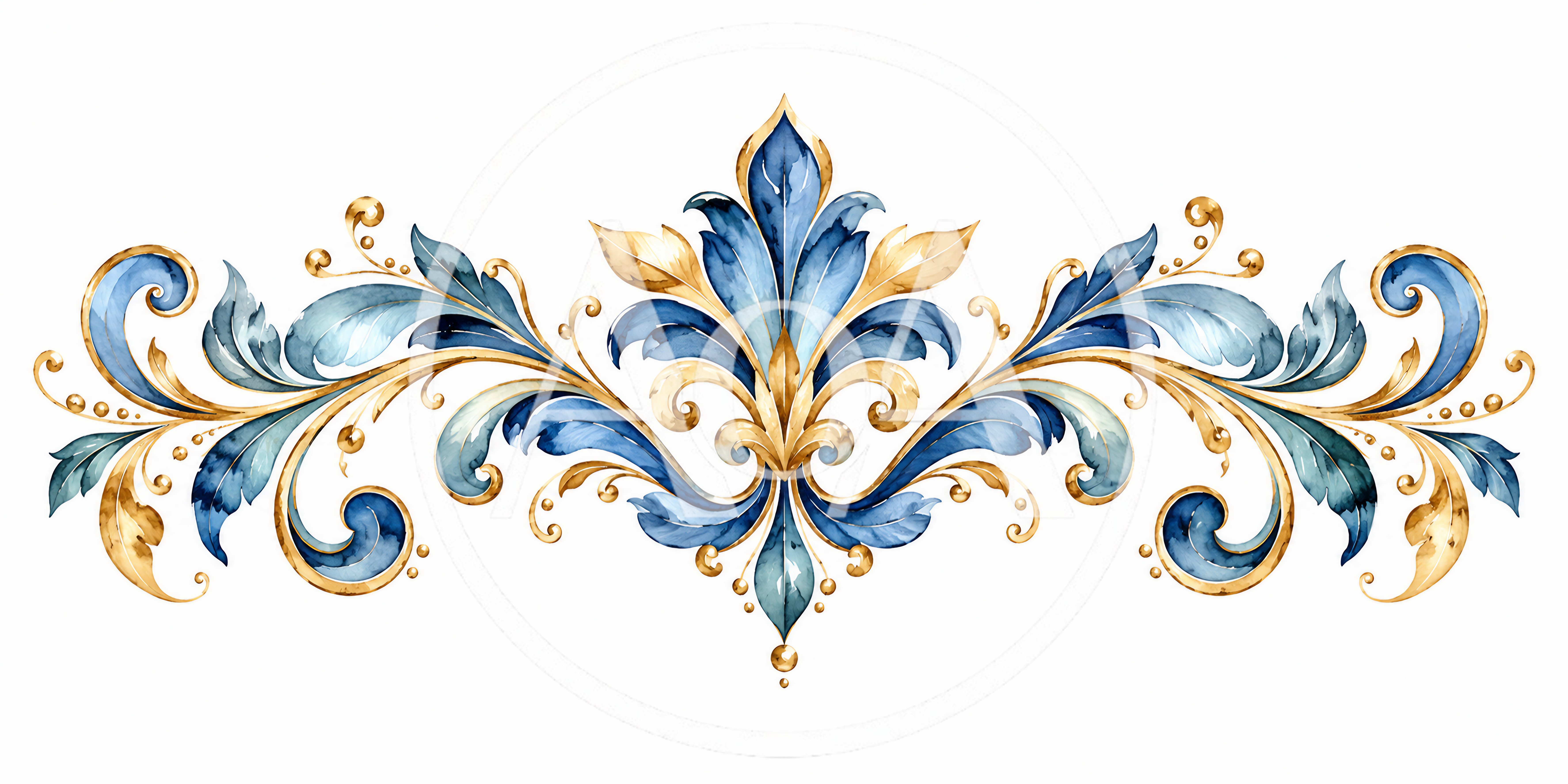Elegant Blue And Gold Watercolor Floral Ornament