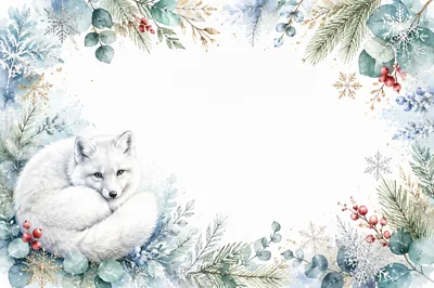 Watercolor Arctic Fox Winter Holiday Frame