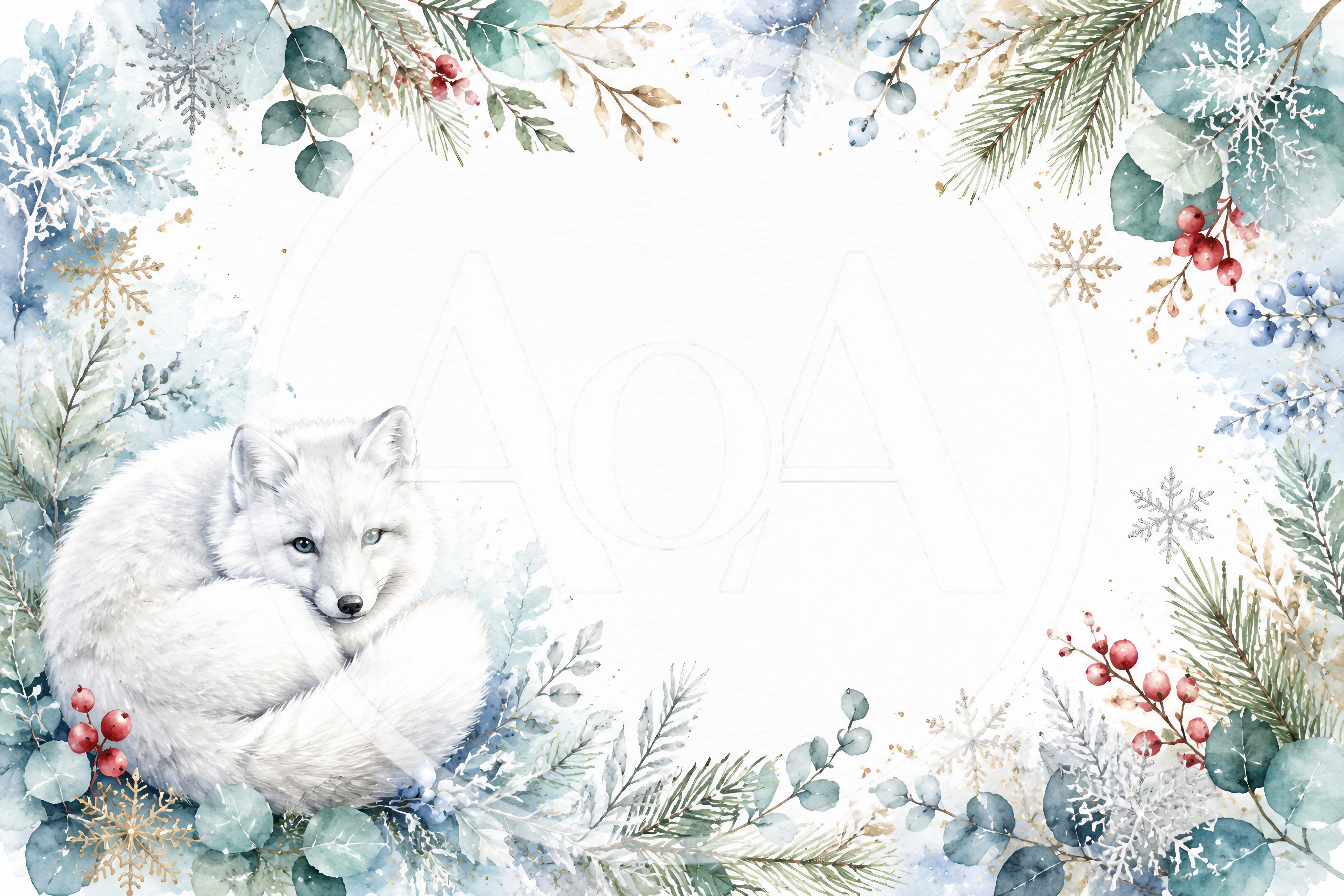 Watercolor Arctic Fox Winter Holiday Frame