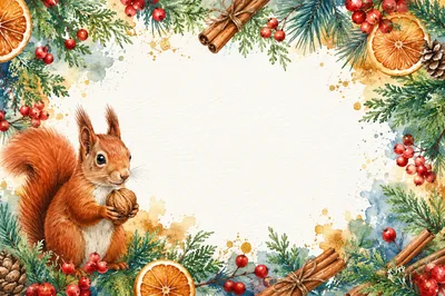 Watercolor Christmas Frame With Squirrel And Festive Decorations