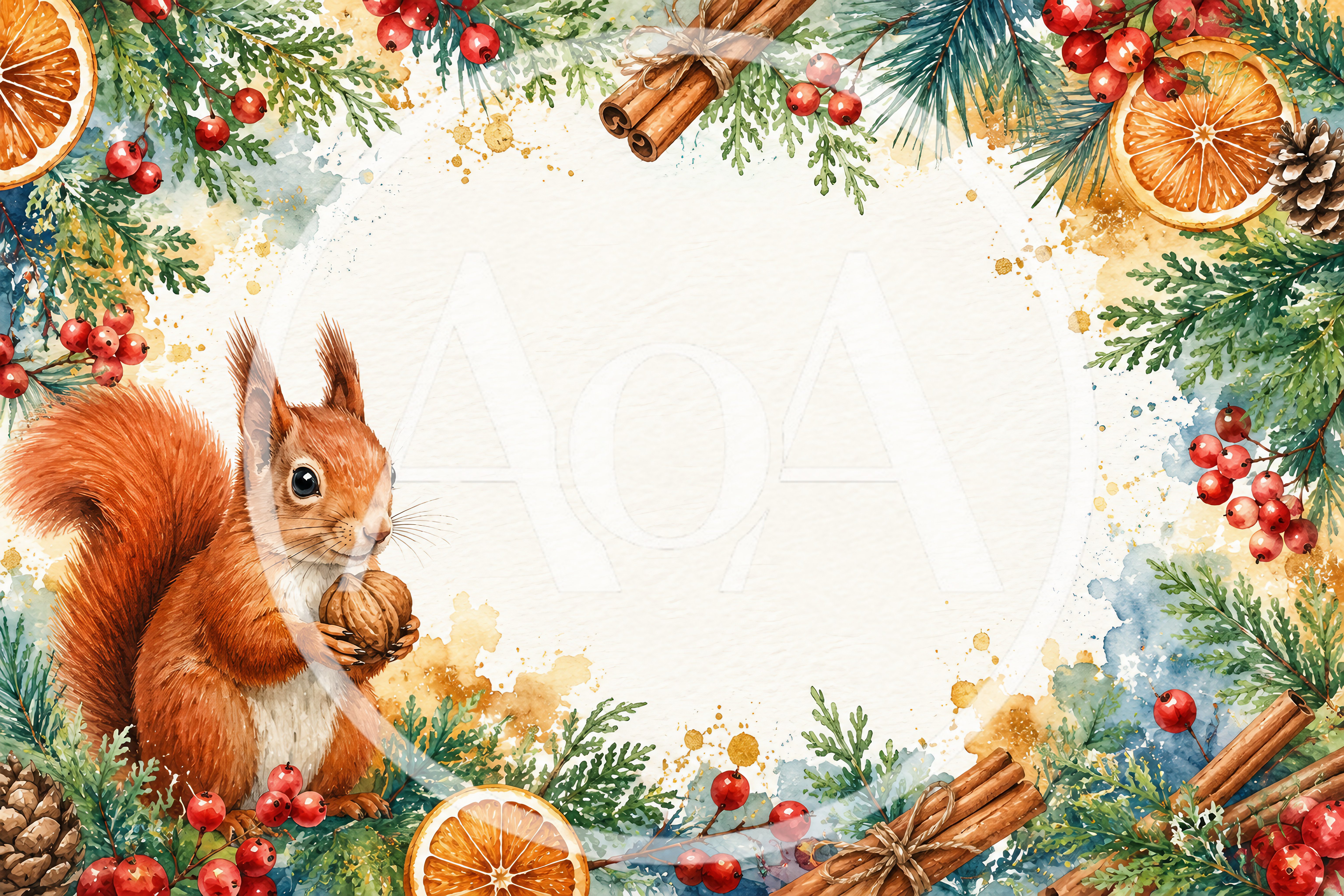 Watercolor Christmas Frame With Squirrel And Festive Decorations