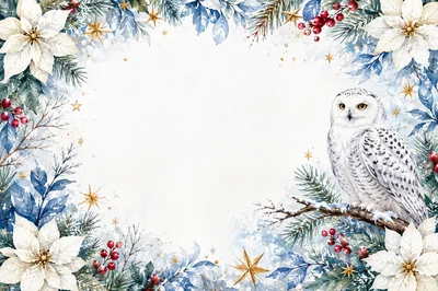 Snowy Owl Christmas Frame With Poinsettias And Berries