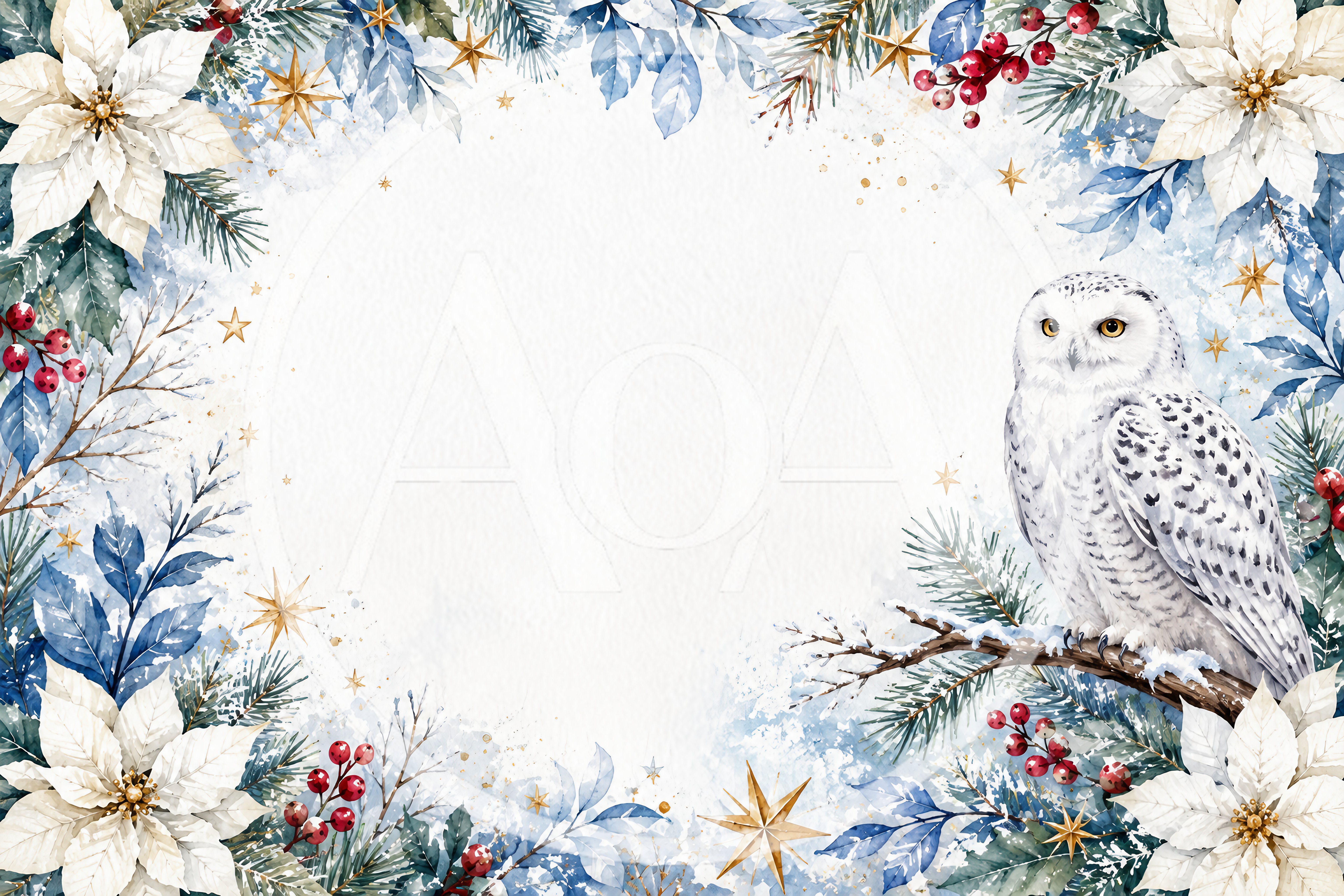 Snowy Owl Christmas Frame With Poinsettias And Berries