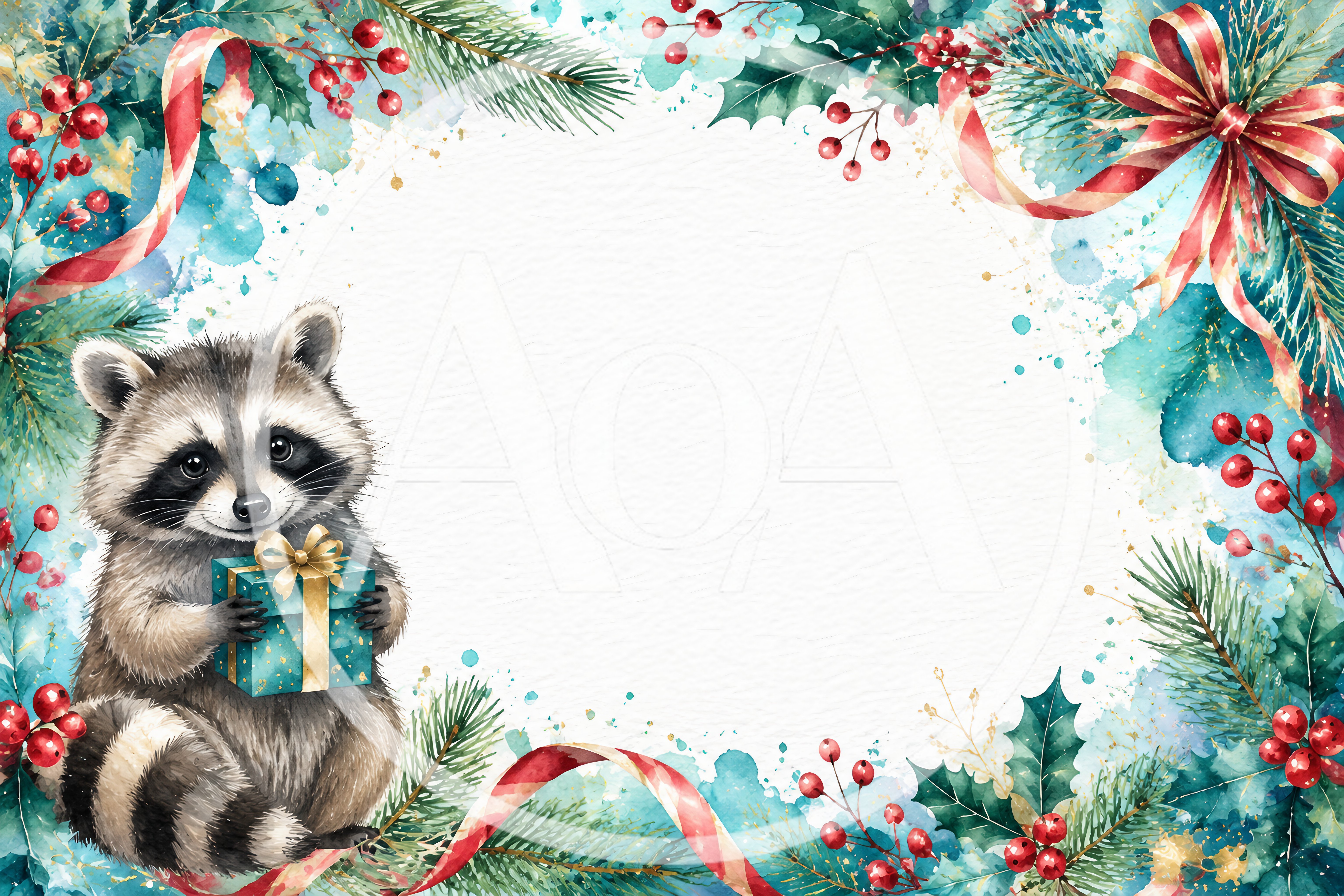 Watercolor Raccoon Holding Christmas Gift Frame