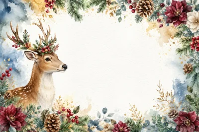 Watercolor Christmas Deer Frame With Floral Decorations