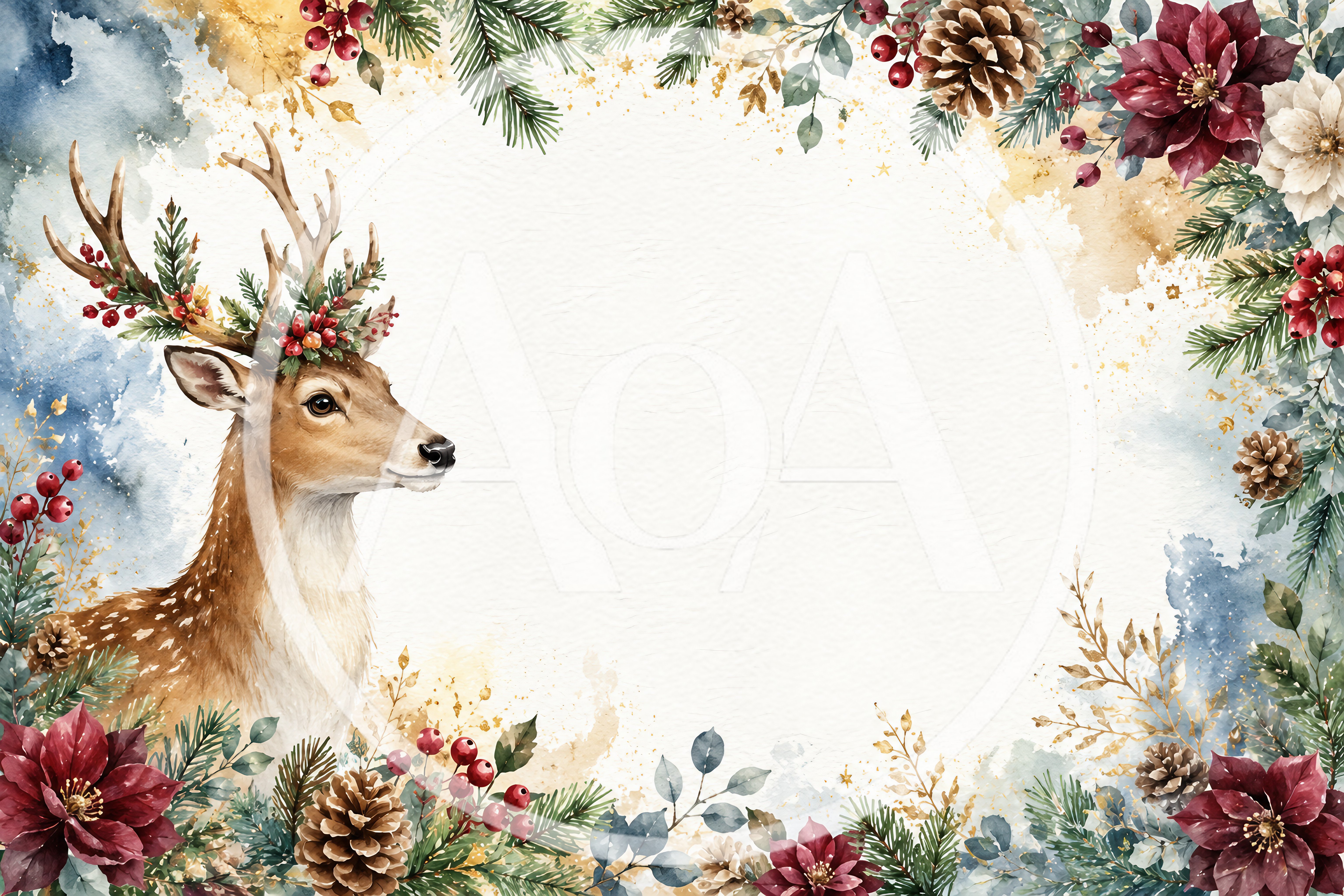 Watercolor Christmas Deer Frame With Floral Decorations
