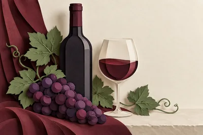 Paper Cutout Style Wine Bottle and Grapes Still Life